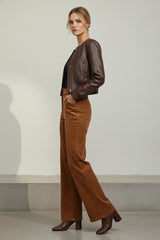Auburn Luxe Women's Cropped Leather Jacket & Corduroy Wide-Leg Trousers Set