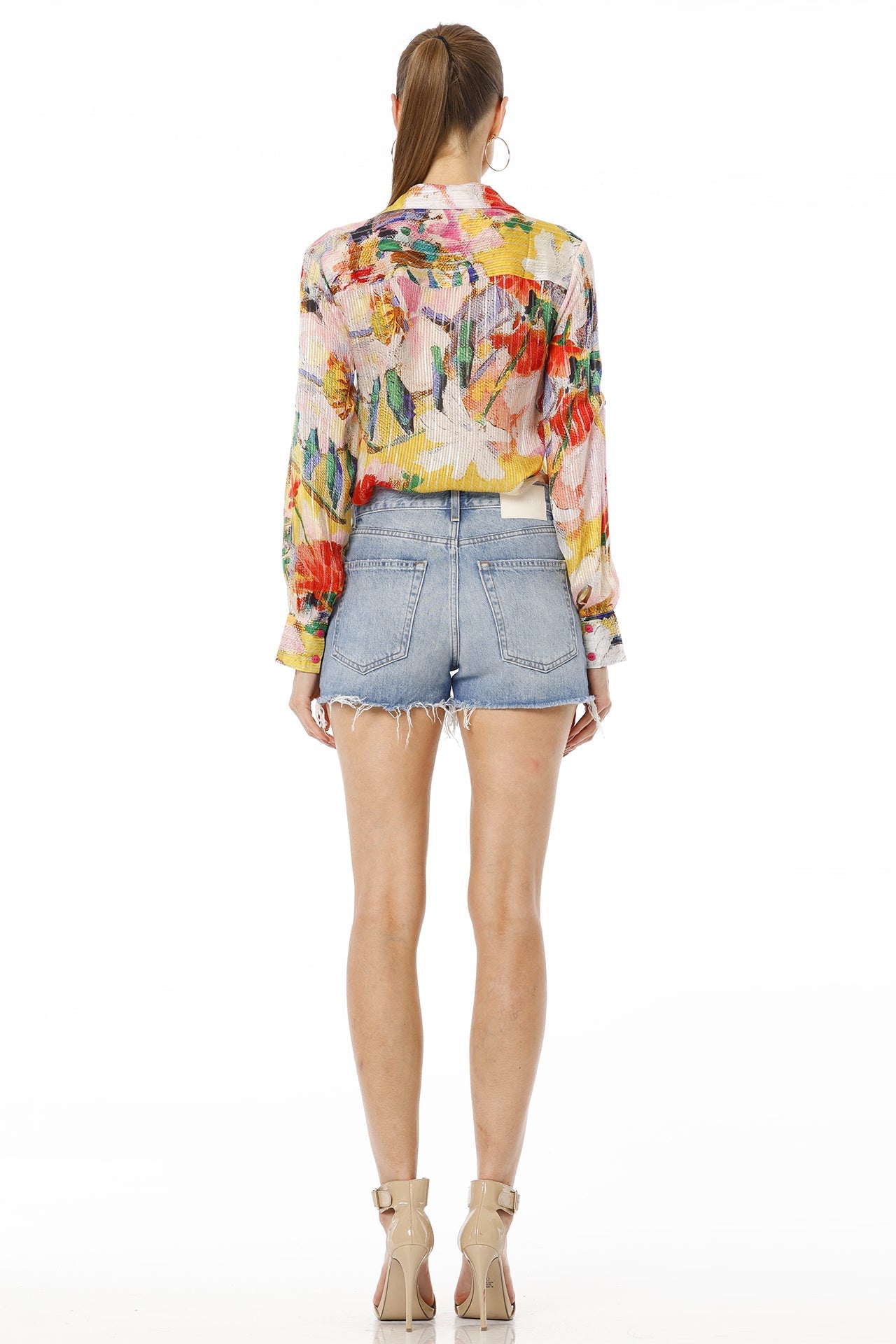 Above Blue Collar Neck Floral Multicolor Shirt For Women With Long Sleeves