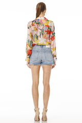Above Blue Collar Neck Floral Multicolor Shirt For Women With Long Sleeves