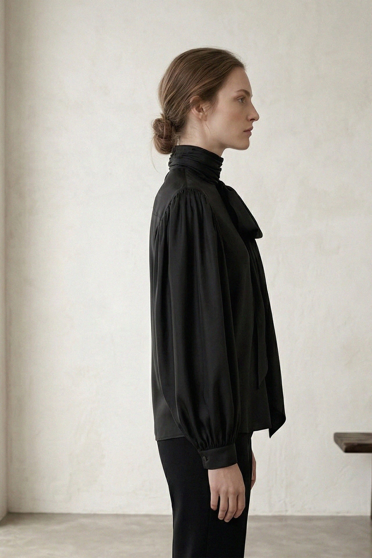 Black Silk Satin-Twill Tie-Neck Blouse