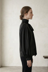 Black Silk Satin-Twill Tie-Neck Blouse