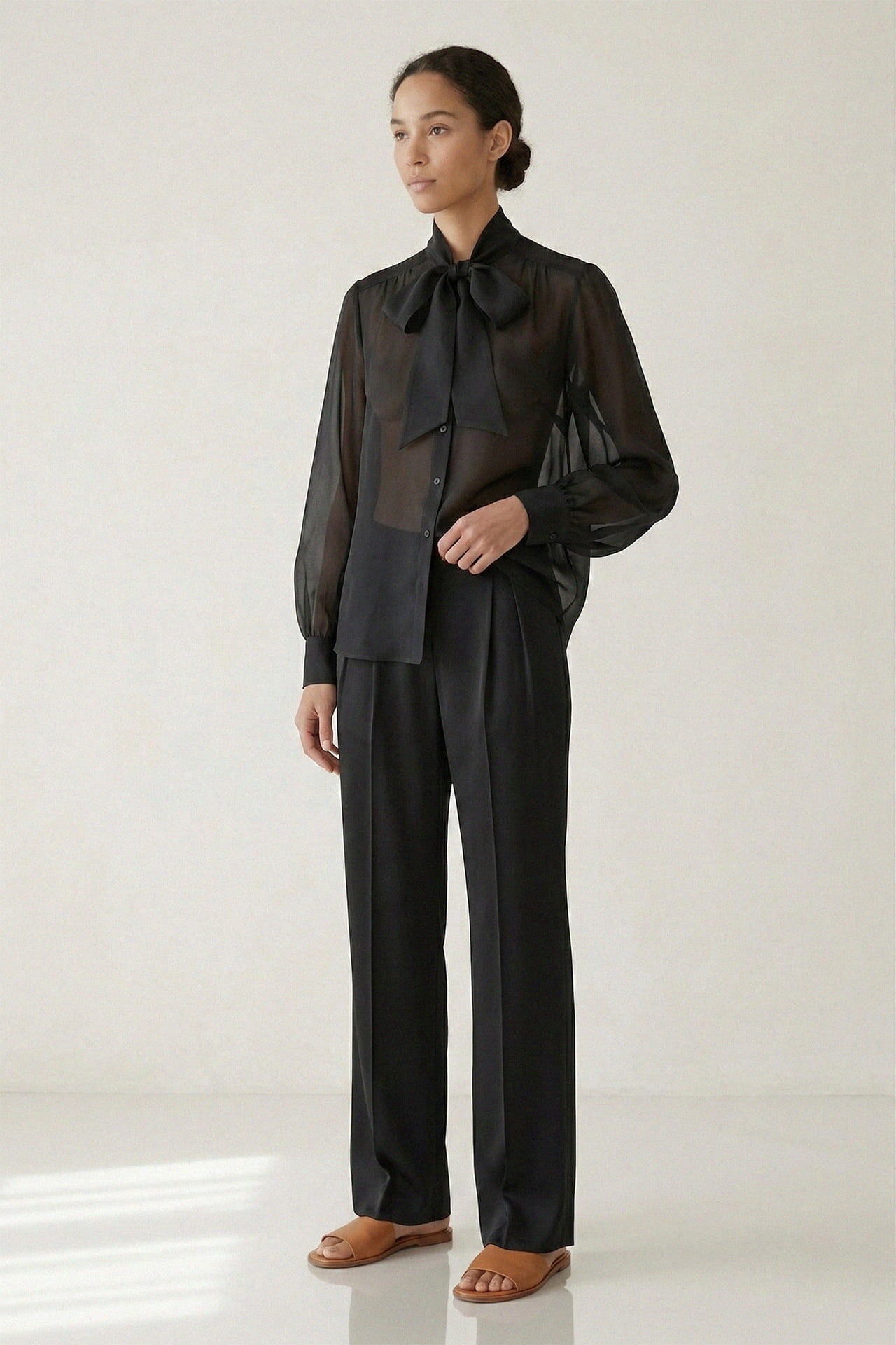 Black Sheer Organza Tie-Neck Shirt