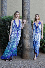 Blue Royal Scroll Print Halter Maxi Dress