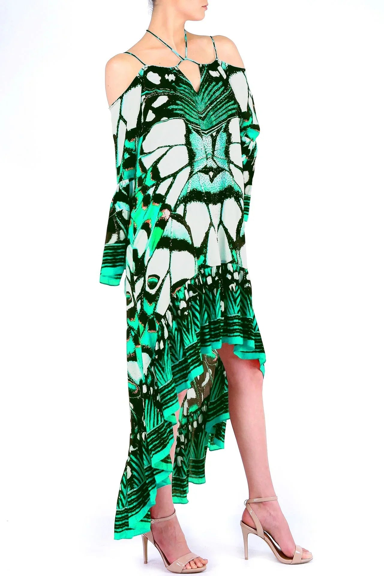 Annabella Butterfly-Print Handkerchief-Hem Hi-Low Dress