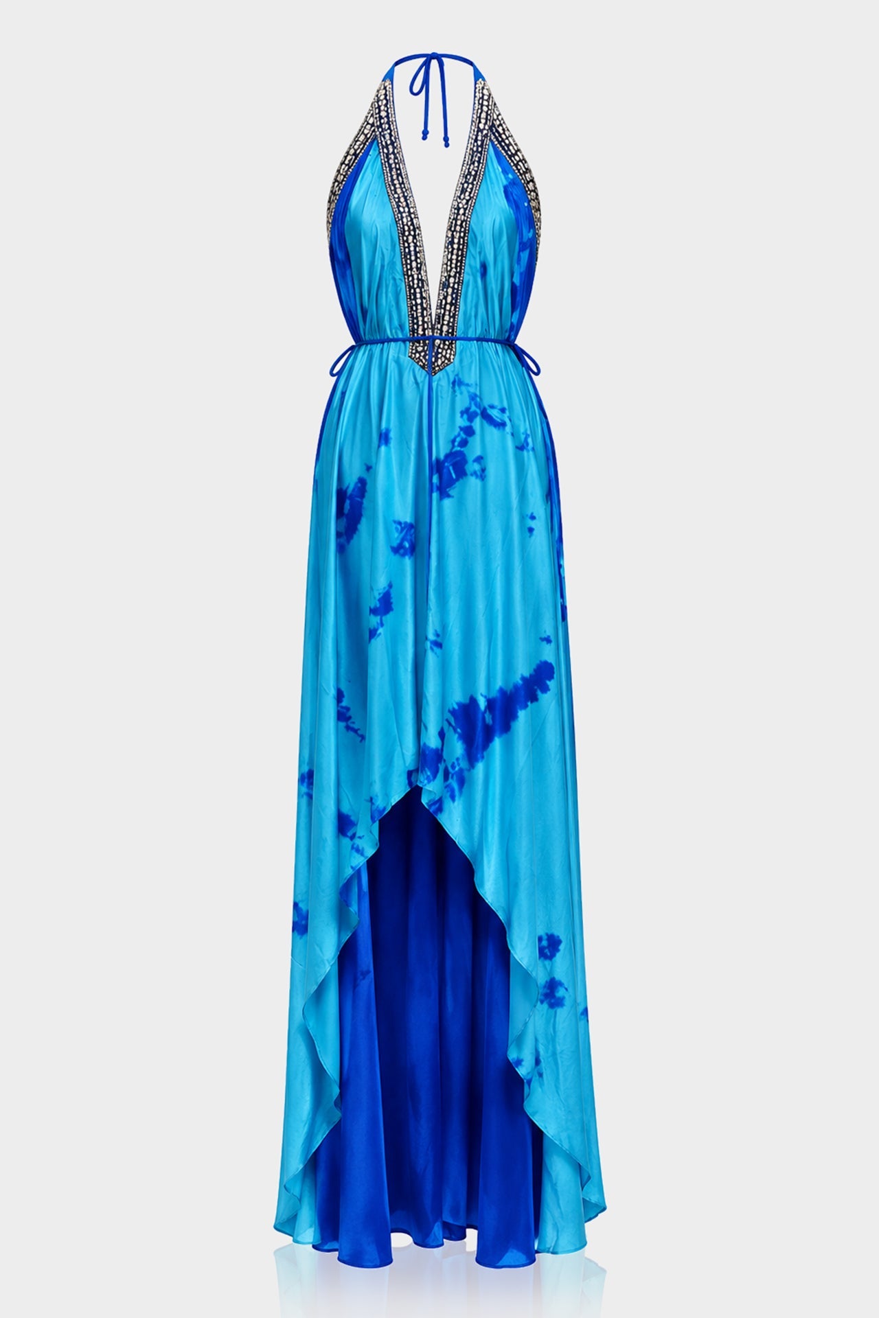 Blue Tie-Dye Embellished Halter High-Low Maxi Dress