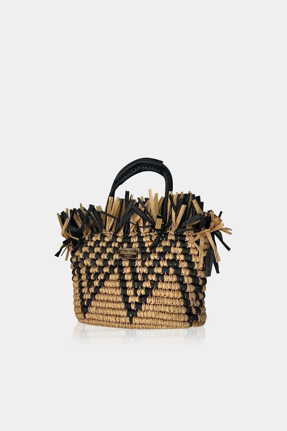 Black Knitted Fringe Raffia Tote Bag