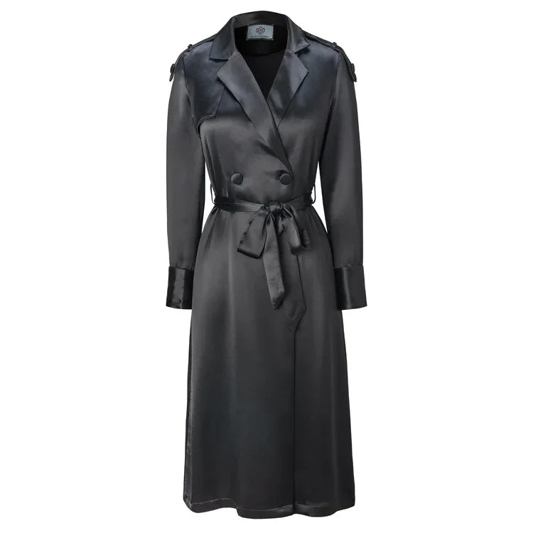 Belted Satin Trench Coat In Black