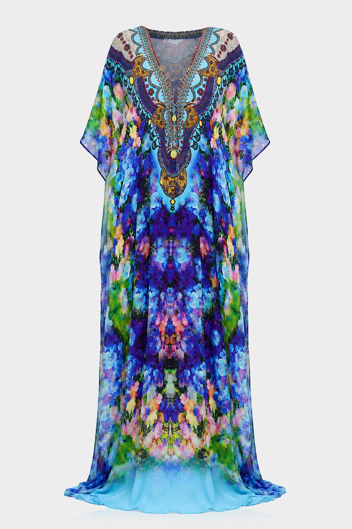 Azure Floral Silk Scarf Maxi Kaftan Dresses