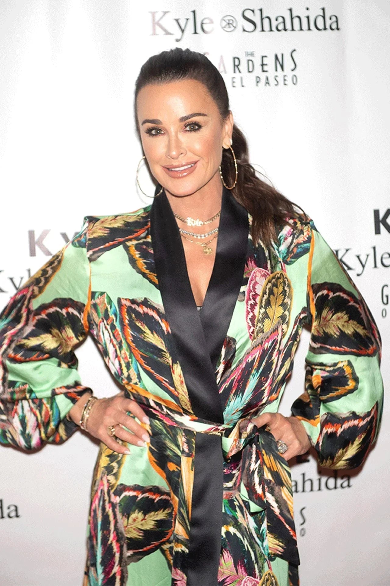 As Seen on Kyle Richards at Store Opening Leaf Print Robe Dress