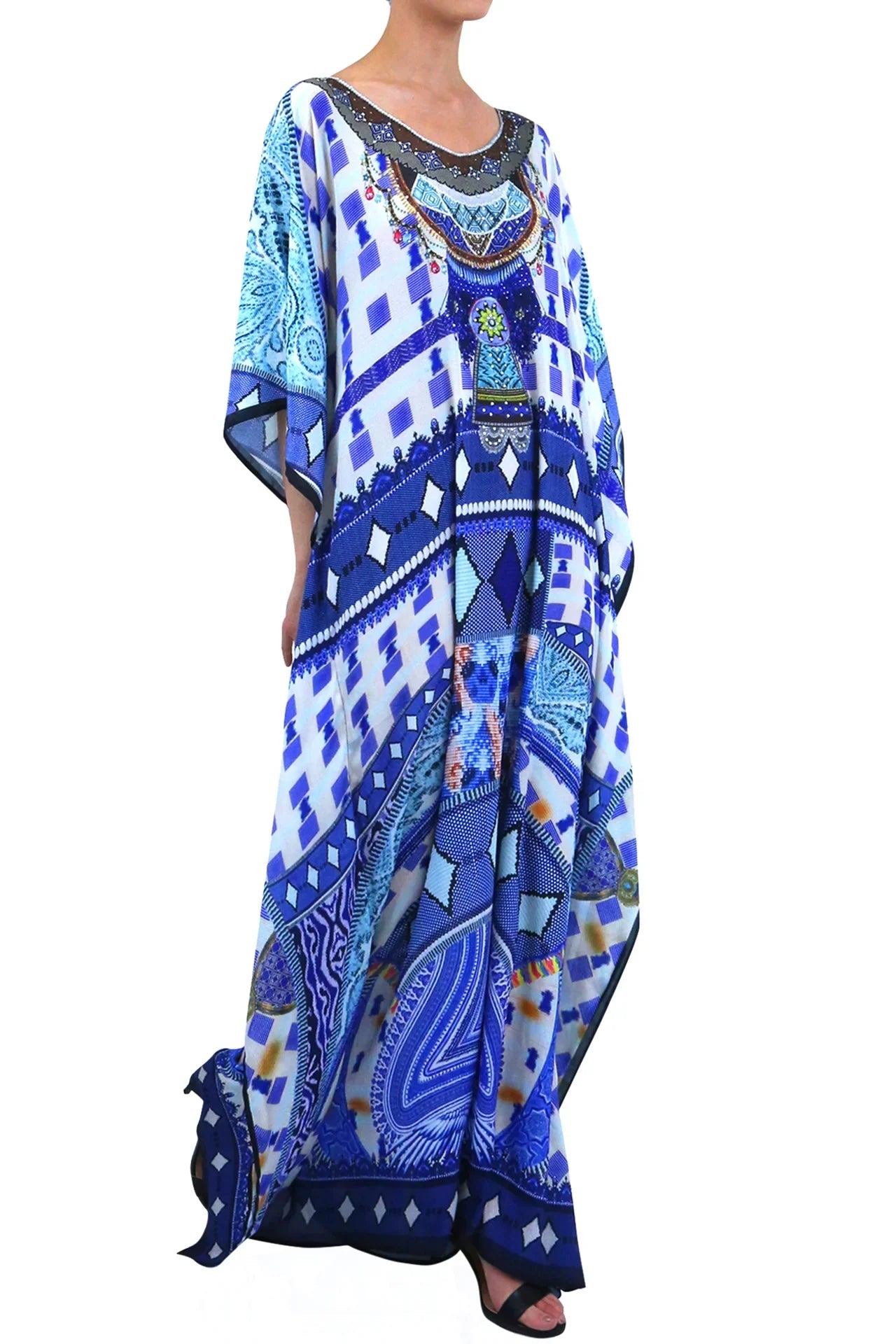 Blue Printed Long Kaftan Dress