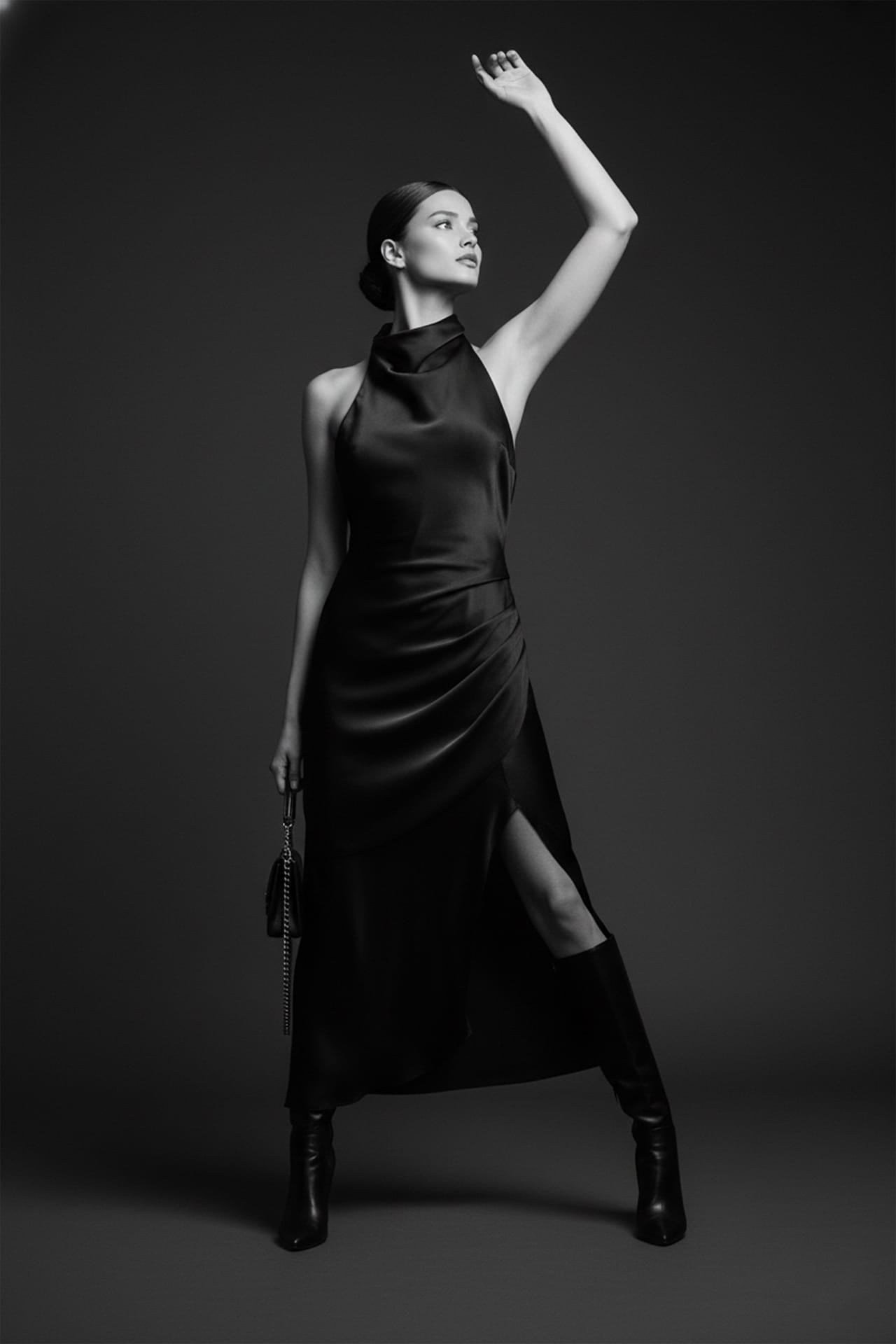 Black Asymmetric Bodycon Dress with Halter Neck