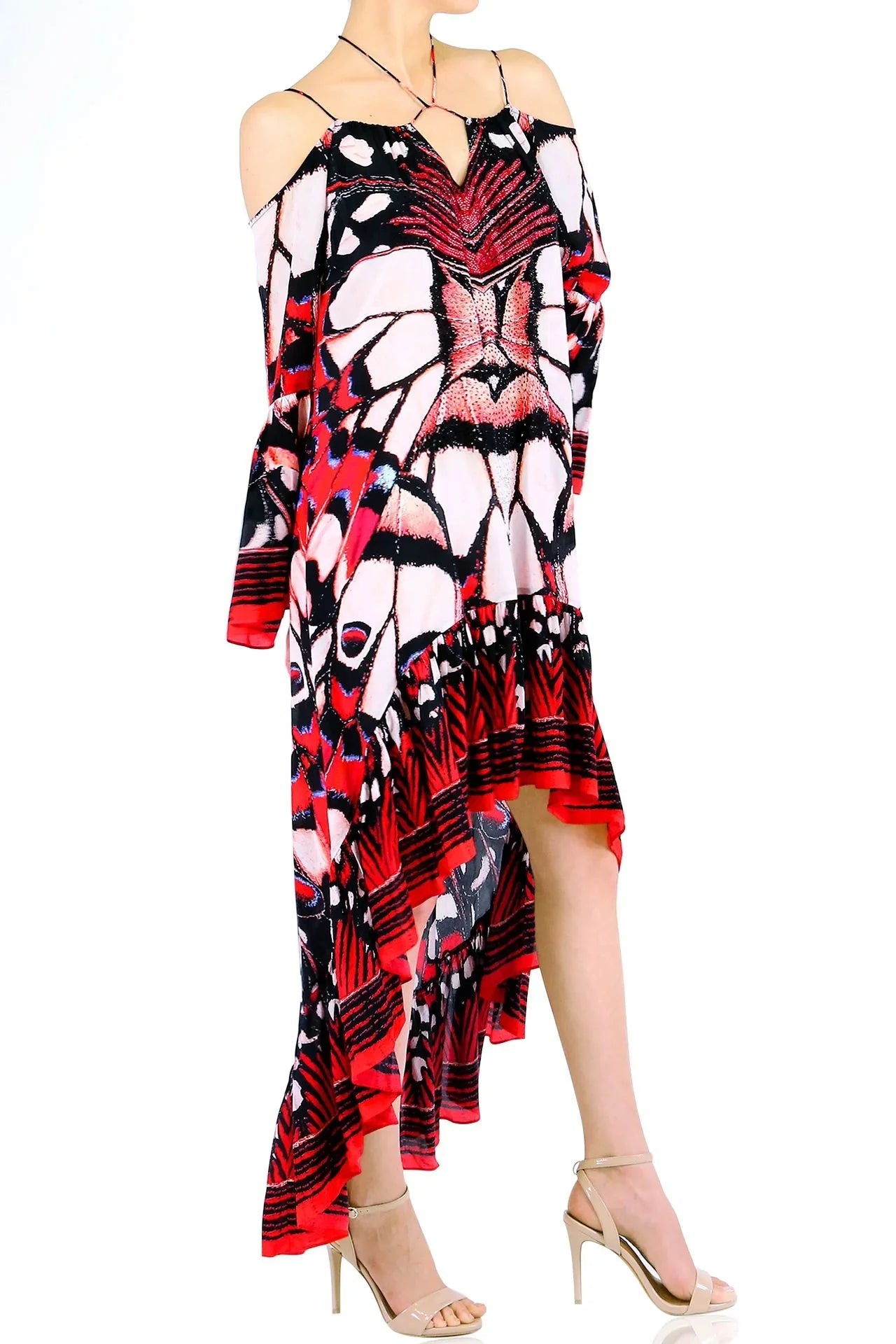 Annabella Butterfly-Print Handkerchief-Hem Off the Shoulder Dress
