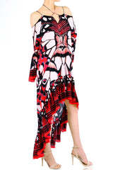 Annabella Butterfly-Print Handkerchief-Hem Off the Shoulder Dress