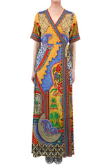 Baroque Print Wrap Dress in Sunset