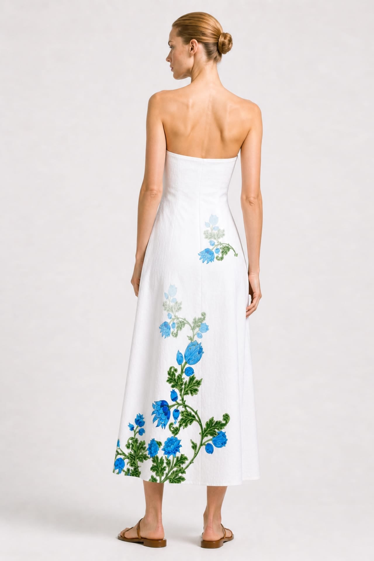 Blue & White Floral Strapless Wedding Guest Dress