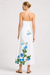 Blue & White Floral Strapless Wedding Guest Dress