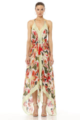 Azure High Low Floral Maxi Dress With Low Back Open Design