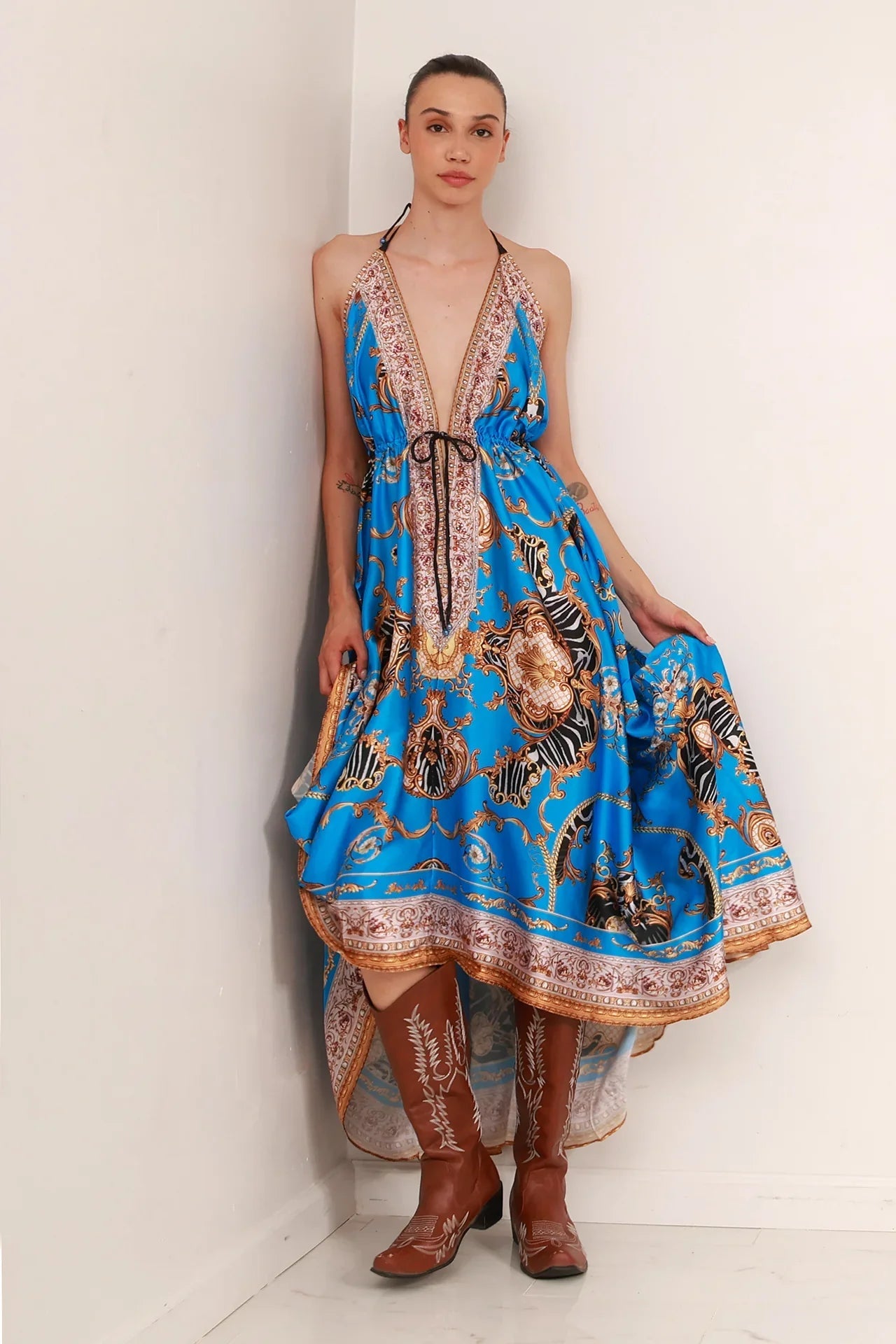 Azure Blue Baroque Scarf Print Halter Maxi Dress