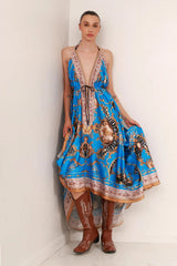 Azure Blue Baroque Scarf Print Halter Maxi Dress