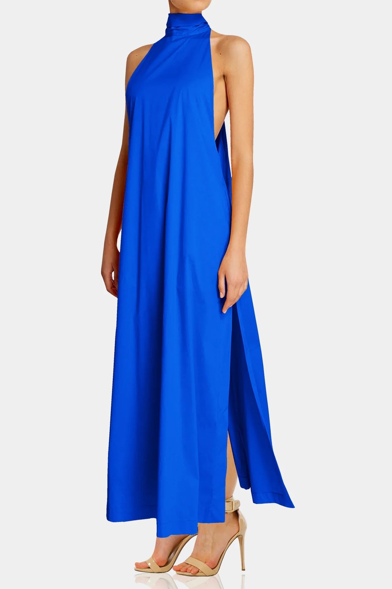 Blue Sleeveless High-Neck Maxi Dress