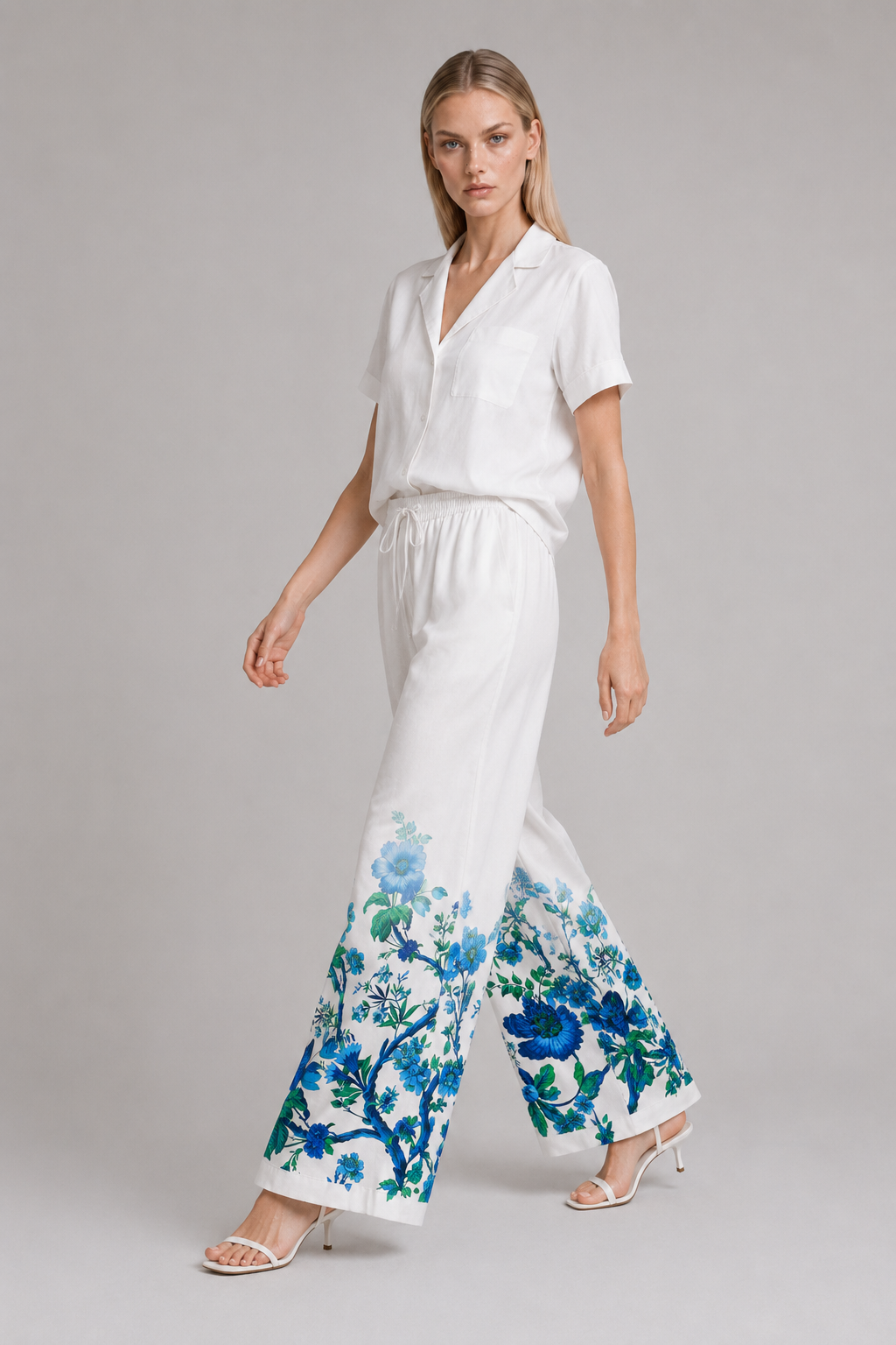 Blue Botanical Summer Trousers with Drawstring Waist and Relaxed Resort Fit
