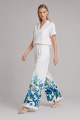 Blue Botanical Summer Trousers with Drawstring Waist and Relaxed Resort Fit