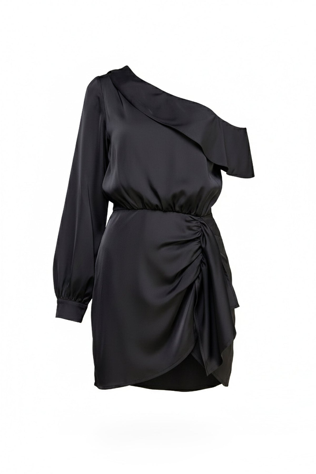 Black One Shoulder Long Sleeve Ruffle Mini Dress