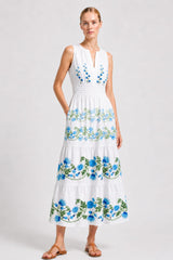 Blue & White Sleeveless Floral Cotton Poplin Midi Dress