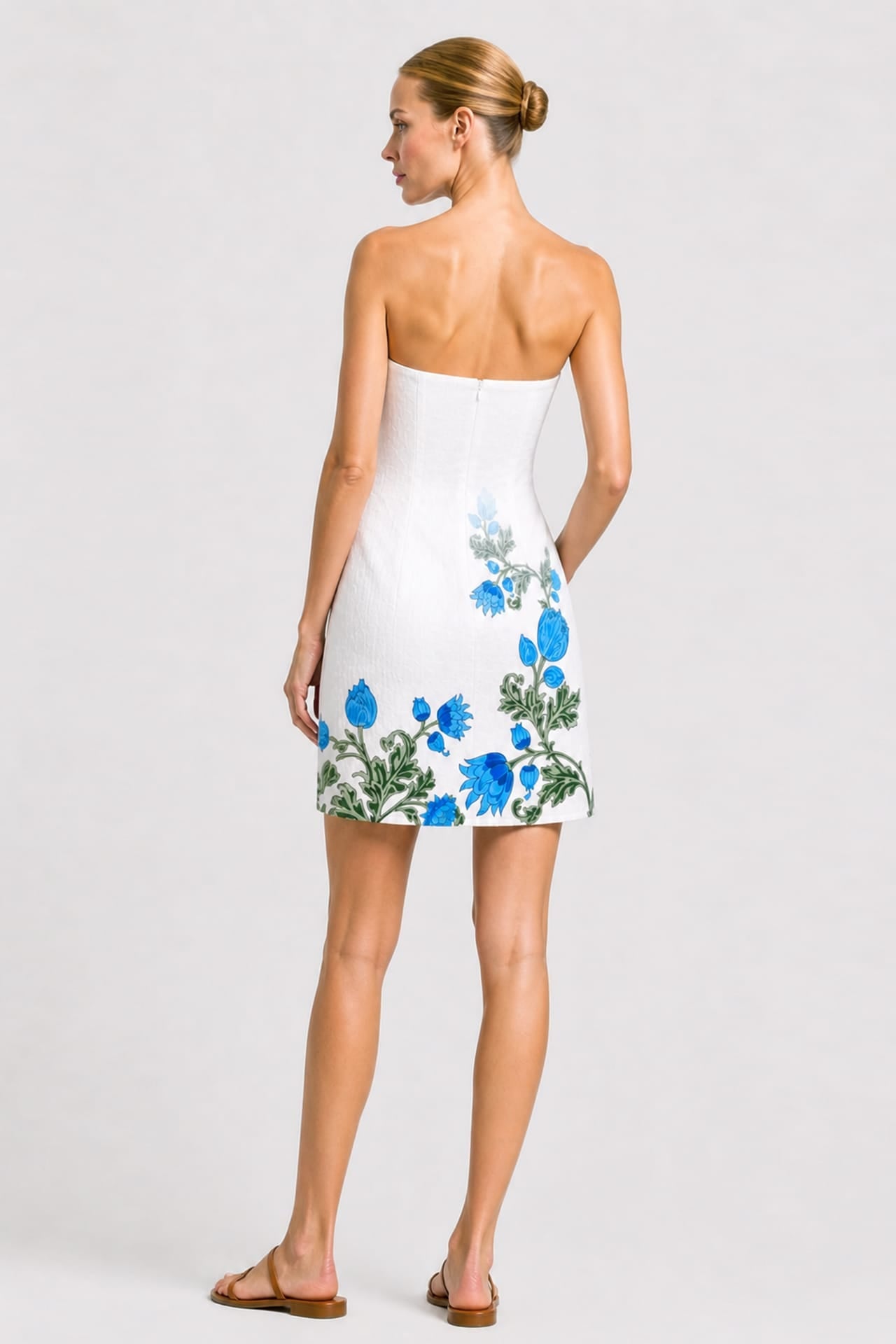 Blue & White Floral Strapless Mini Dress