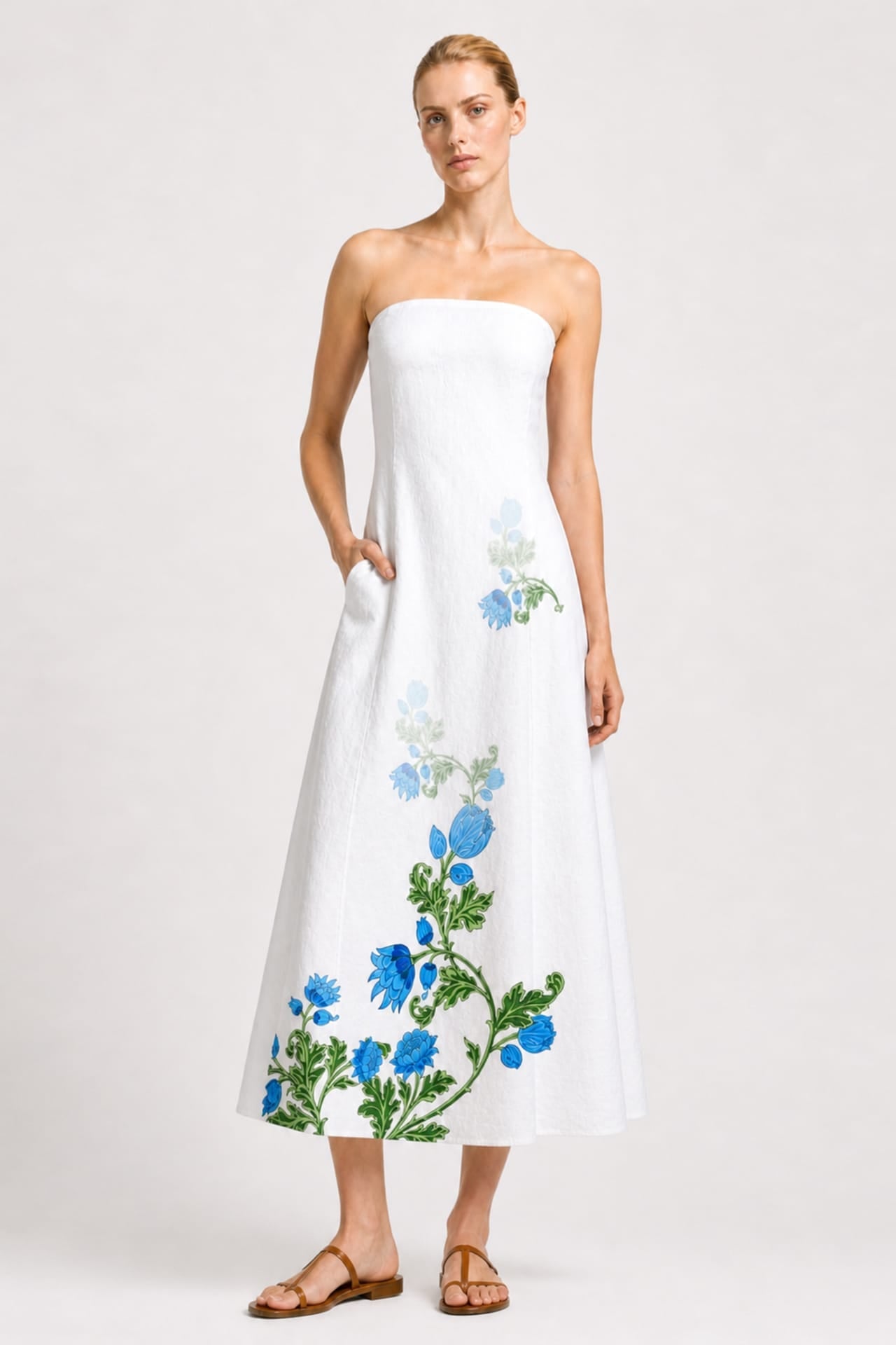 Blue & White Floral Strapless Wedding Guest Dress