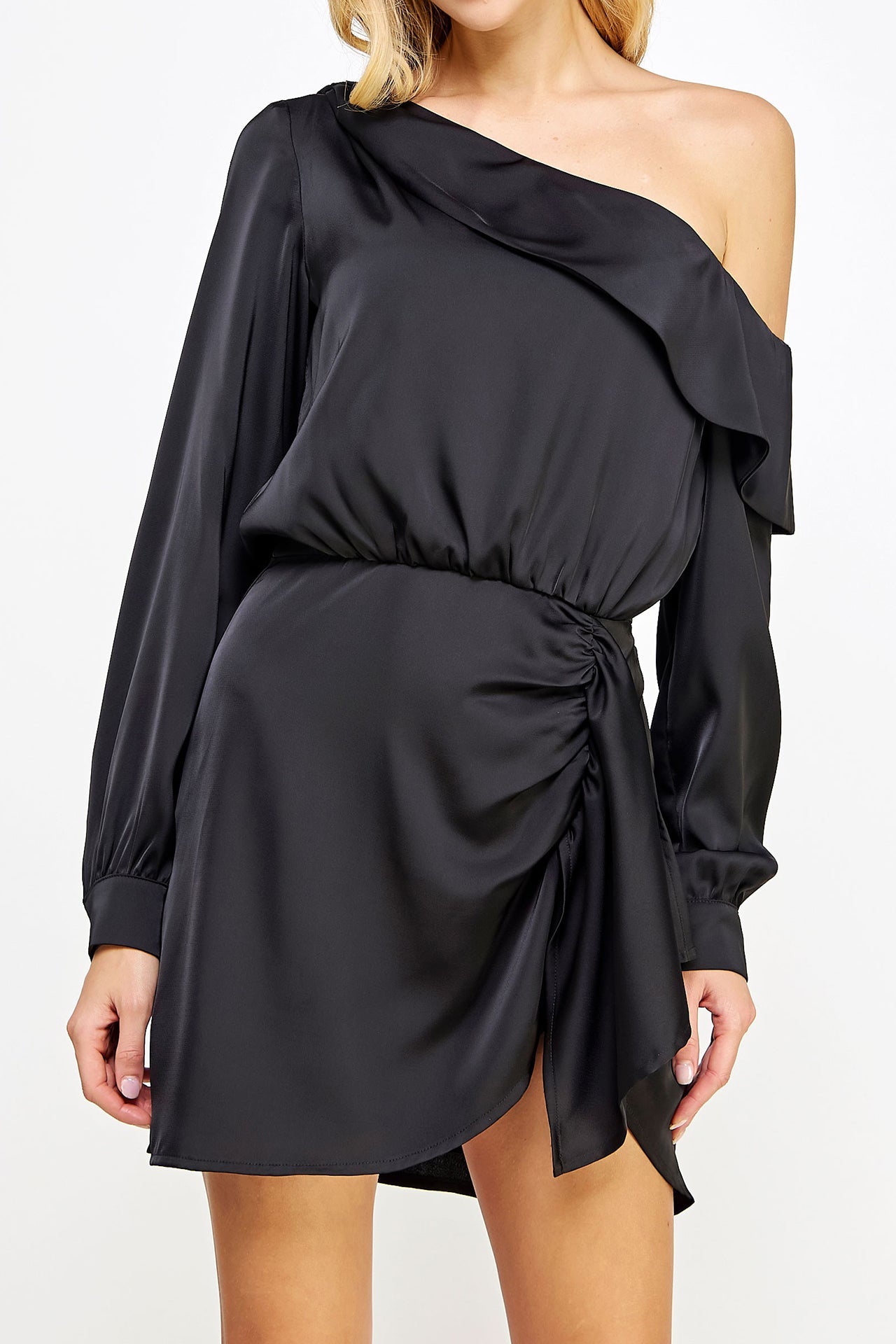 Black One Shoulder Long Sleeve Ruffle Mini Dress