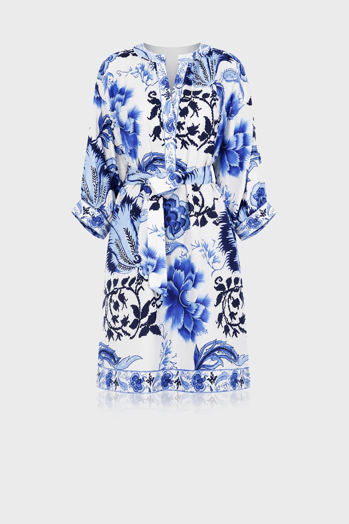 Blue And White Floral Midi Dress With Plunged Neckline