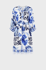 Blue And White Floral Midi Dress With Plunged Neckline