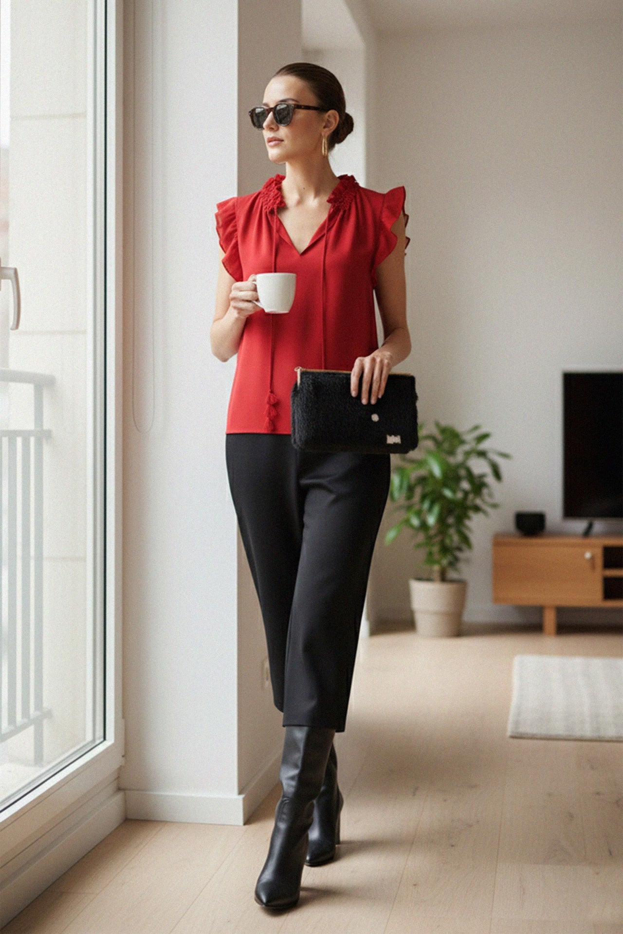 Aphrodite Red Short Top With Ruffle Sleeveless Design
