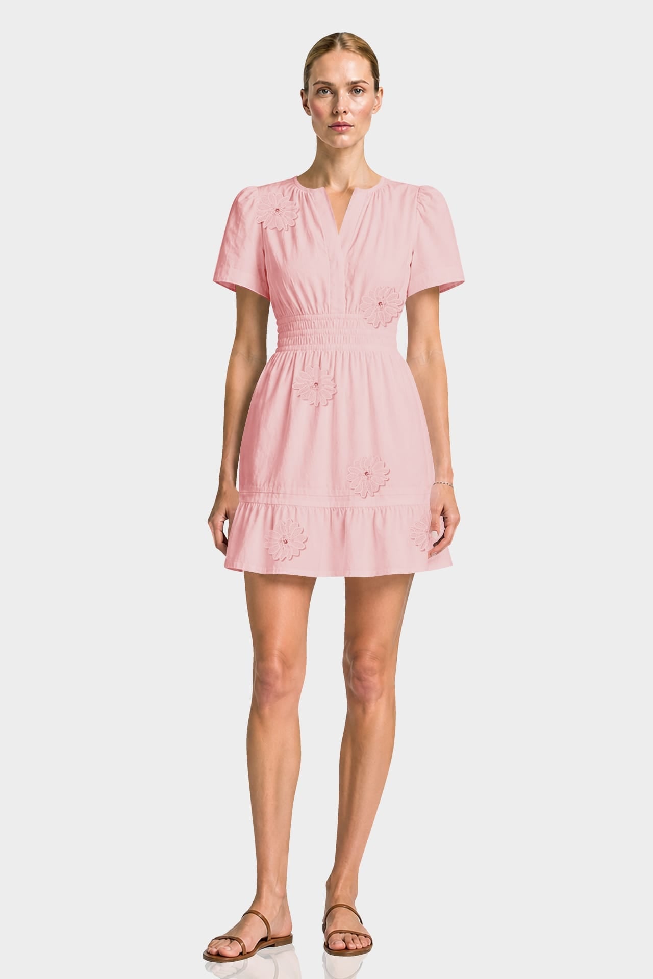 3D Floral Appliqué Hand Embroidered Mini Dress with Short Sleeves – Country Club Floral Mini Dress