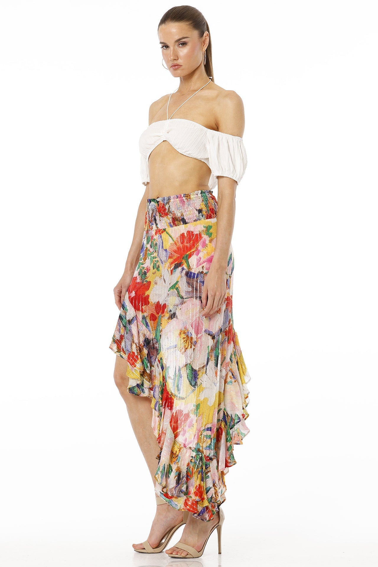 Amore Floral Print High Low Multicolor Skirt