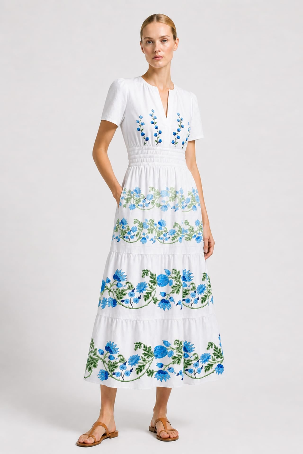 Blue & White Cotton Poplin Midi Dress with Pockets