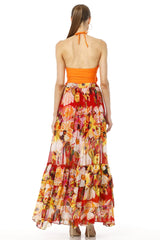 Aello Long Floral Printed Tiered Maxi Skirt