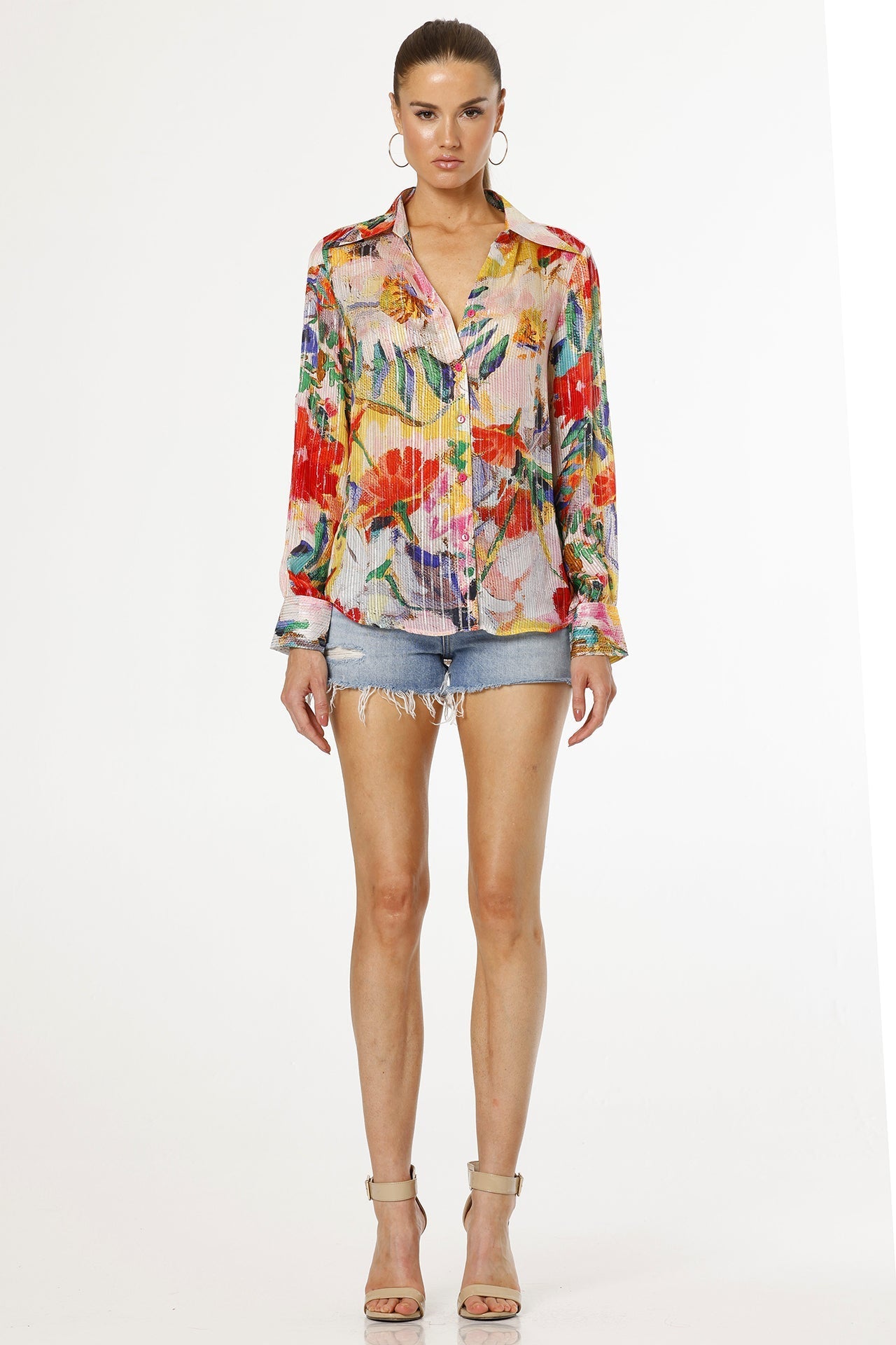 Above Blue Collar Neck Floral Multicolor Shirt For Women With Long Sleeves