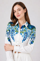 Blue & White Floral Tie Front Resort Shirt