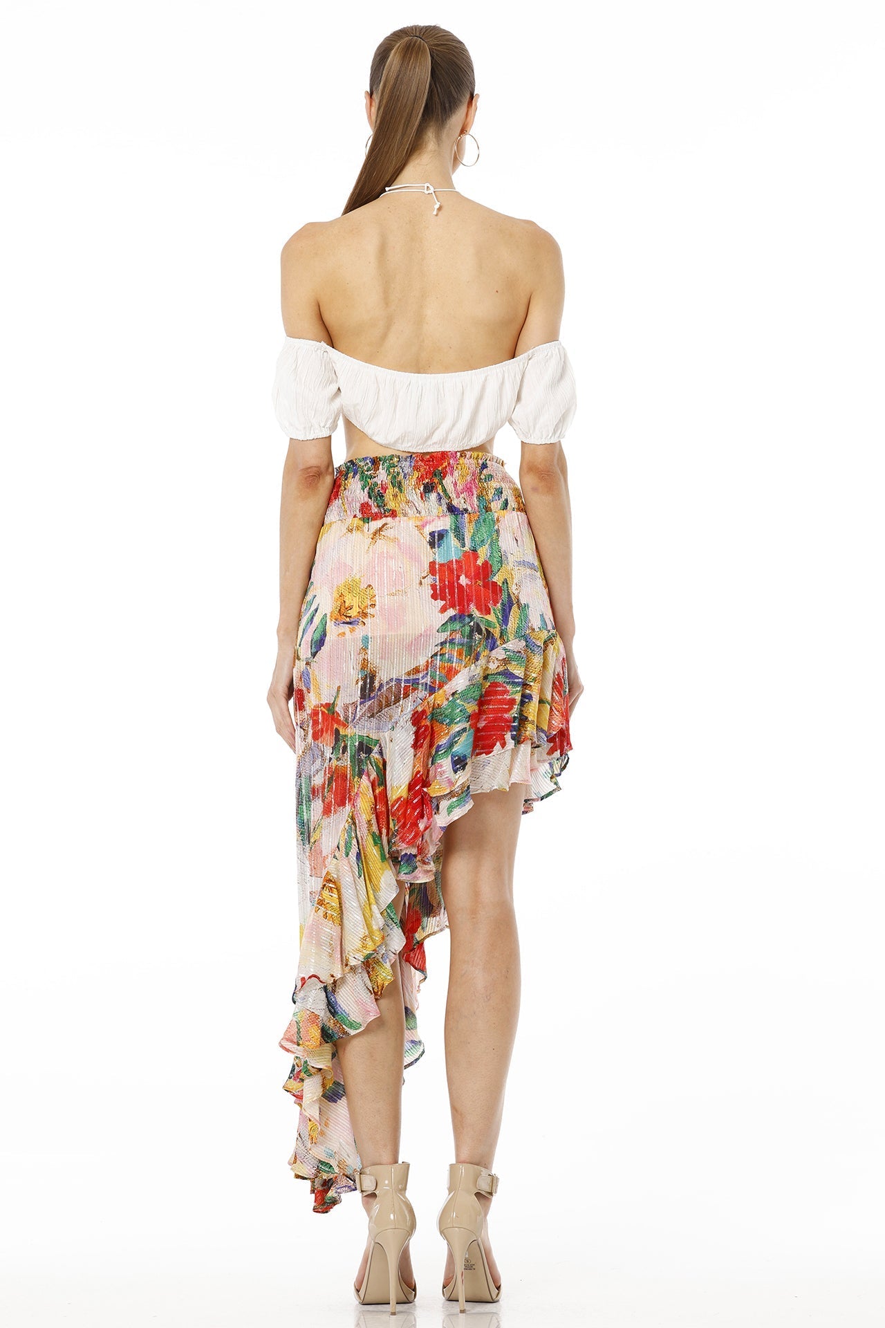 Amore Floral Print High Low Multicolor Skirt