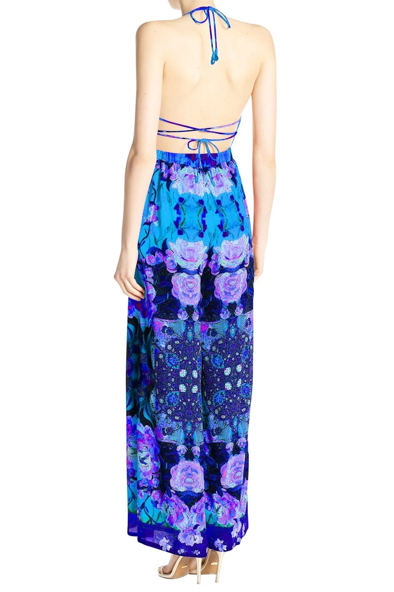 Azure Floral Print Backless Jumpsuit
