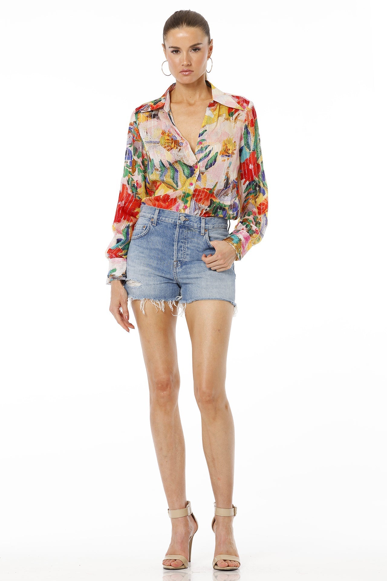 Above Blue Collar Neck Floral Multicolor Shirt For Women With Long Sleeves