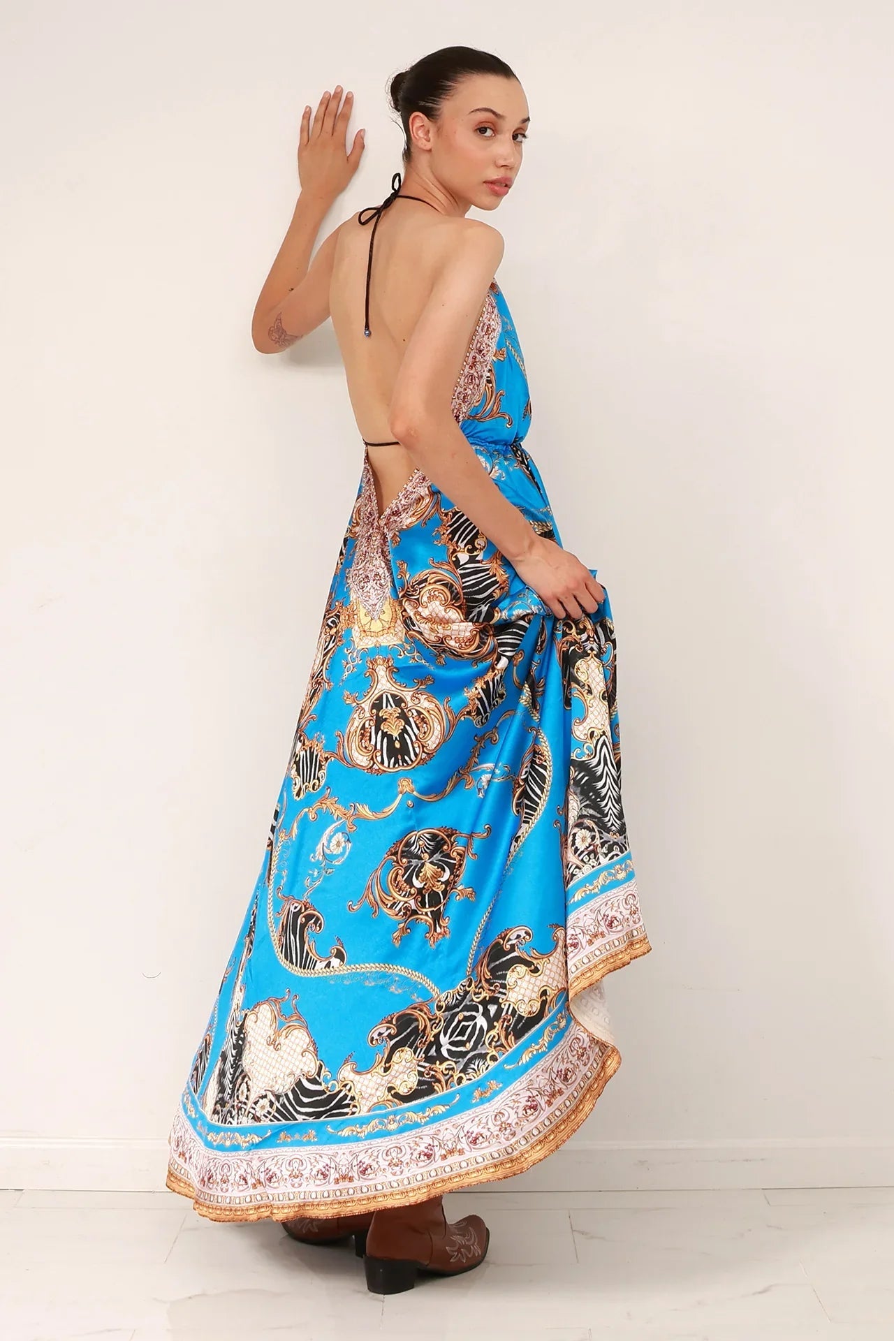 Azure Blue Baroque Scarf Print Halter Maxi Dress