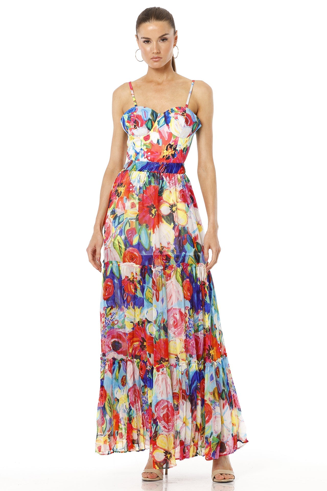 Anarina Long Floral Print Tiered Skirt