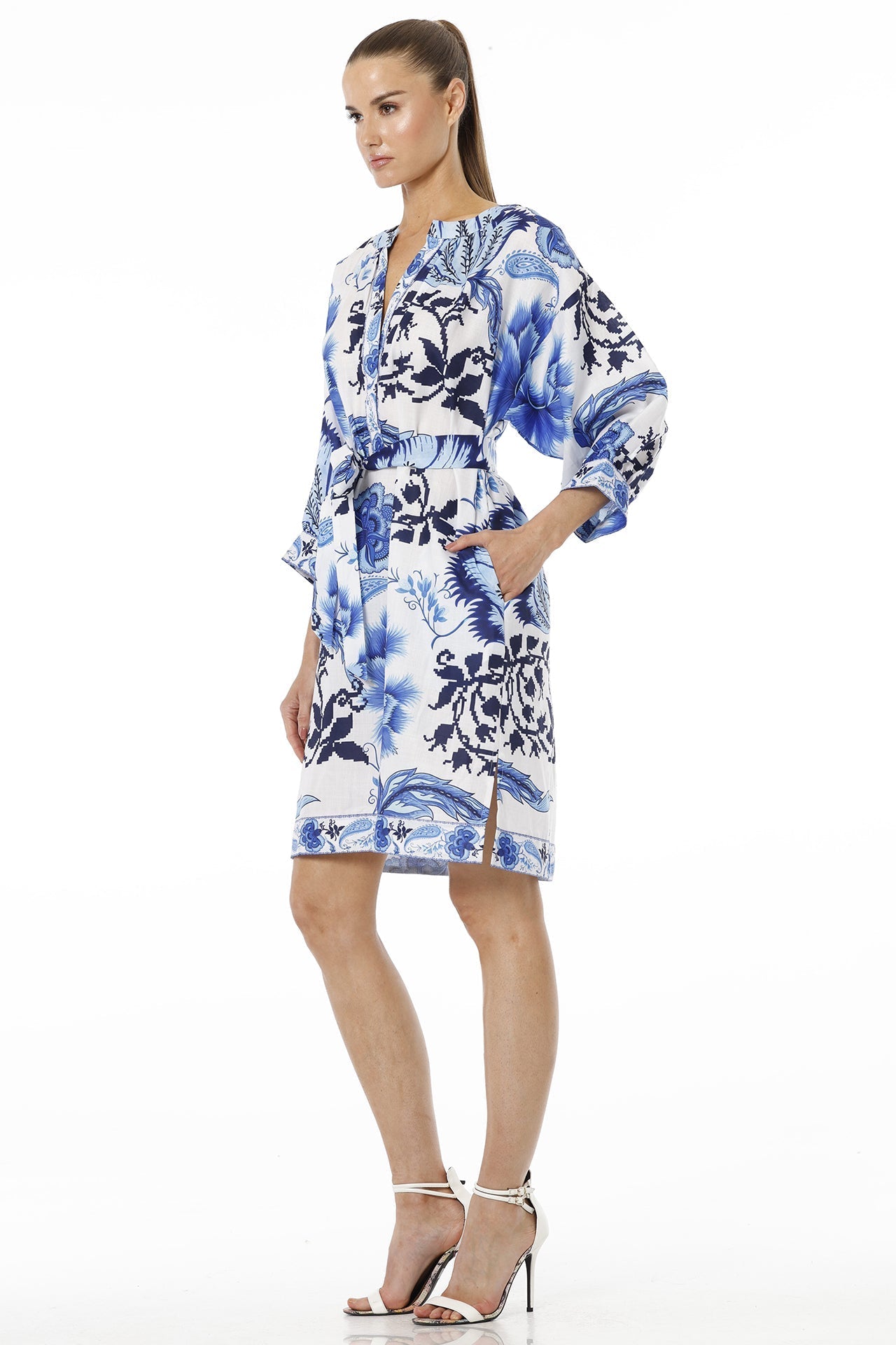 Blue And White Floral Midi Dress With Plunged Neckline