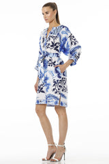 Blue And White Floral Midi Dress With Plunged Neckline