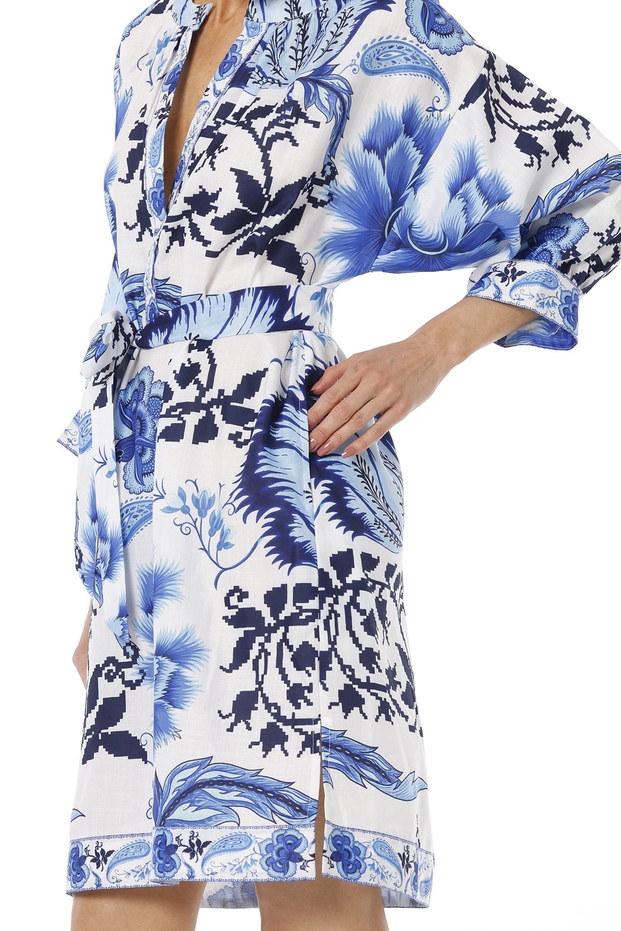 Blue And White Floral Midi Dress With Plunged Neckline