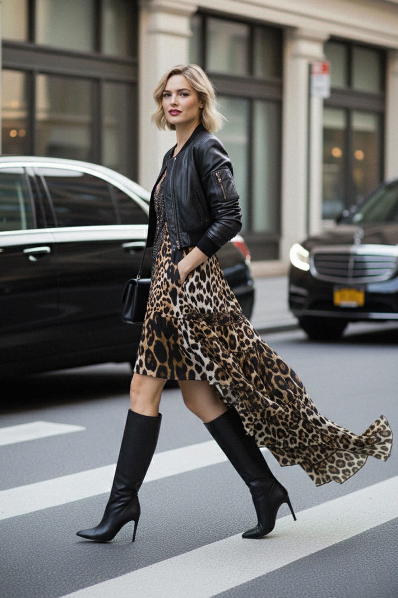 Beaded Embellished Animal Print Plunged Neck High Low Dress