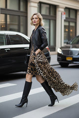 Beaded Embellished Animal Print Plunged Neck High Low Dress